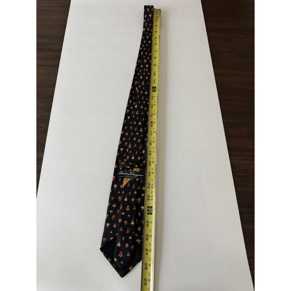 Salvatore Ferragamo Tie Mens One Size Navy Blue Floral 100% Silk Made In Italy